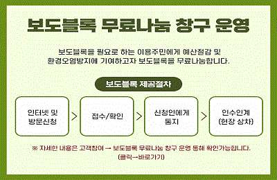 보도블럭 무료나눔 창구 운영
보도블럭을 필요로 하는 이용주민에게 예산절감 및
환경오염방지에 기여하고자 보도블럭을 무료나눔합니다.
