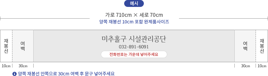 예시 : 가로710cm × 세로70cm (양쪽 재봉선 10cm 포함 완제품사이즈) 좌우 재봉선 10cm, 여백 30cm :  양쪽 재봉선 안쪽으로 30cm 여백 후 문구 넣어주세요 / 미추홀구 시설관리공단 032-891-6091 (전화번호는 가운데 넣어주세요)